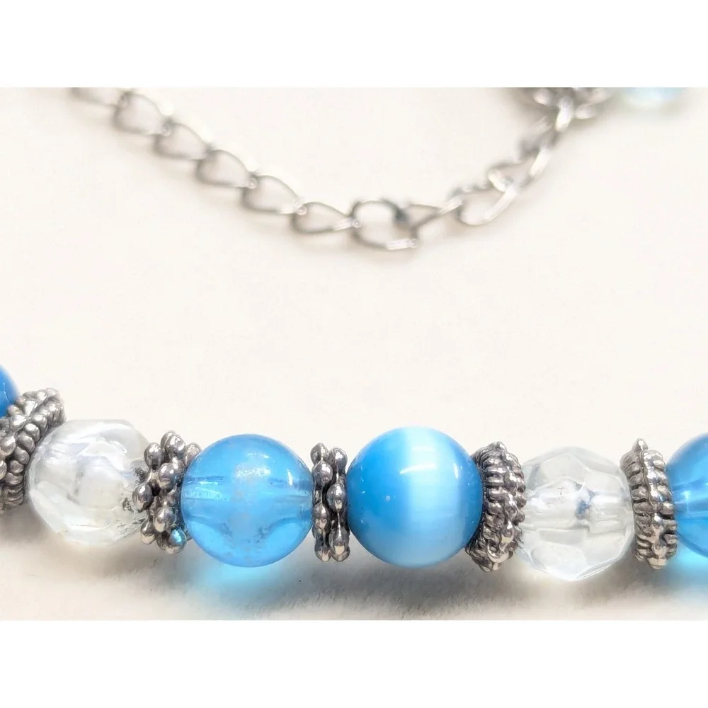 Vintage Beaded Necklace Blue Cats Eye‎ Glass Silver Tone Boho Strand Clear Beads